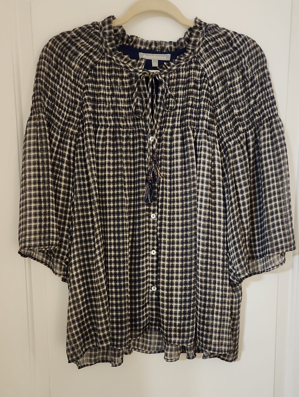 Daniel Rainn Navy and White Check Tie-Neck Smocked Blouse